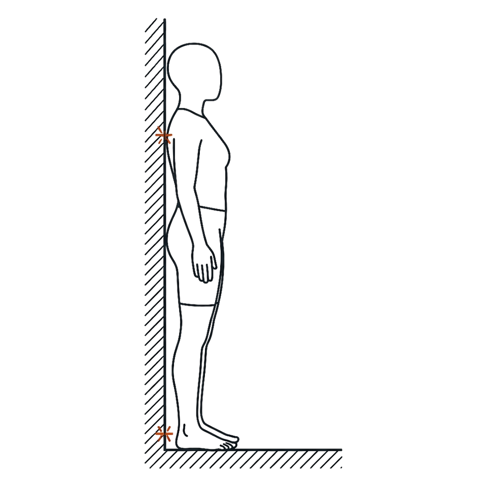 Vista de perfil de una persona descalza de espaldas a una pared, con las piernas rectas. Dos marcas señalan los puntos donde el cuerpo toca el muro: la parte alta de la espalda y el talón.