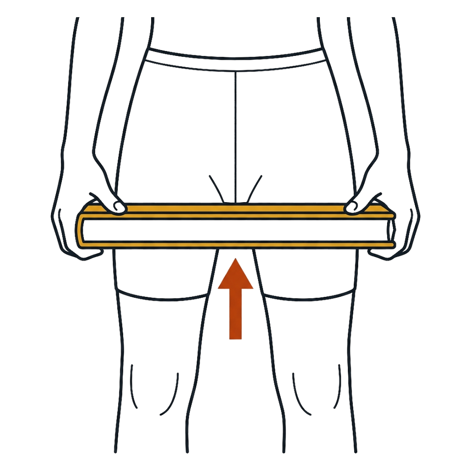 Vista frontal de las piernas de una persona descalza. Un libro de tapa dura, acostado y perfectamente horizontal, va entre las dos piernas a la altura de la entrepierna, sujeto por las dos manos, con una flecha que indica que se empuja hacia arriba.